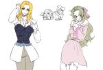  2boys 2girls blonde_hair blue_corset blue_eyes breasts brown_pants celes_chere celes_chere_(weekend_mode) closed_mouth collared_shirt corset dissidia_duellum_final_fantasy dissidia_final_fantasy dress final_fantasy final_fantasy_vi fur-trimmed_dress fur_trim green_hair hair_ribbon hand_on_own_chest kefka_palazzo large_breasts light_smile locke_cole medium_breasts momora_mori multiple_boys multiple_girls official_alternate_costume pants parted_bangs pink_dress pink_ribbon ponytail purple_eyes ribbon shirt terra_branford terra_branford_(blossom_princess) white_background white_shirt 