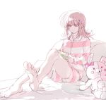 1girl alternate_costume barefoot bow brown_hair commentary_request danganronpa_(series) danganronpa_2:_goodbye_despair diaper ear_bow flipped_hair hair_ornament handheld_game_console holding holding_handheld_game_console hood hoodie kuni821 medium_hair monomi_(danganronpa) nanami_chiaki pillow pink_bow pink_hoodie simple_background sitting solo striped_clothes striped_hoodie white_background white_hoodie 