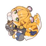  1girl absurdres animal_ear_fluff animal_ears blonde_hair blush chibi colored_inner_hair food food_in_mouth green_eyes highres hu_wei_(zenless_zone_zero) jacket ju_fufu long_hair looking_at_viewer multicolored_hair shorts simple_background solo steamed_bun striped_fur striped_hair tail thigh_strap tian_luo_bo tiger_ears tiger_girl tiger_stripes tiger_tail white_background white_hair yellow_jacket zenless_zone_zero 