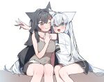  2girls :3 ahoge animal_ears black_hair black_shorts black_trim blush breasts closed_mouth clothes_writing colored_tips commentary costume_request crossed_arms dolphin_shorts double-parted_bangs fang feet_out_of_frame fox_ears fox_girl fox_tail grey_eyes grey_tank_top hair_intakes hair_ornament hairclip hand_on_another's_arm highres hololive hug hug_from_side korean_commentary large_breasts looking_at_viewer mean_0603 multicolored_hair multiple_girls multiple_hairclips one_eye_closed ookami_mio open_mouth red_eyes red_hair shirakami_fubuki shirt short_sleeves shorts simple_background single_hair_streak sitting smile streaked_hair tail tail_on_lap tank_top virtual_youtuber white_background white_hair white_shirt white_trim wolf_ears wolf_girl wolf_tail yuri 