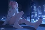  1girl absurdres aviation_obstruction_lighting bang_dream! bang_dream!_girls_band_party! black_choker choker ciphotis city closed_mouth colored_tips commentary dated dated_commentary feet green_hair highres hood hood_down hoodie indoors maruyama_aya medium_hair multicolored_hair night no_shoes on_ground panties pastel_(medium) pastel_(yumenokessho) pink_eyes pink_hair sitting sleeves_past_wrists solo thigh_strap thighhighs traditional_media twintails underwear white_hoodie white_panties white_thighhighs yumenokessho 