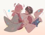  2girls animal_ears aroma_white asakura_neko bag bell black_hair blue_butterfly blue_eyes blush bracelet brown_hair bug butterfly cytus cytus_ii drawstring drawstring_bag floating_headgear flower hair_flower hair_ornament headgear highres hug japanese_clothes jewelry kimono long_hair long_sleeves looking_at_another multicolored_hair multiple_girls obi pink_hair sash short_hair streaked_hair string string_of_fate trove upper_body wide_sleeves yuri 