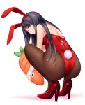  1girl animal_ears black_eyes black_hair brown_legwear bunny_ears bunny_girl bunny_tail bunnysuit carrot coffee-kizoku commentary_request fishnet_legwear fishnets from_behind full_body high_heels highres leotard long_hair looking_at_viewer looking_back original pantyhose red_footwear red_leotard shiramine_rika simple_background solo squatting strapless strapless_leotard tail white_background wrist_cuffs 