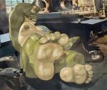 5_toes alligator alligatorid anthro balls big_muscles big_nipples big_pecs blurred_background bodily_fluids boots butt chest_tattoo clothing countershading crocodilian detailed_background djtaka erection facial_scar fangs feet foot_fetish foot_focus footwear genitals glans green_body hand_over_head hi_res holding_boots holding_clothing holding_footwear holding_object humanoid_feet looking_at_viewer male muscular muscular_male musk nipples nude pecs penis plantigrade raised_arm reptile scalie scar shoes smile solo sweat sweaty_feet tattoo teeth toes workshop yellow_sclera