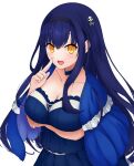  1girl :d arm_under_breasts black_camisole black_choker black_hair black_hairband black_skirt blue_capelet blush bone_hair_ornament breasts camisole capelet choker cleavage collarbone commentary_request cowboy_shot dated_commentary eyes_visible_through_hair frilled_capelet frilled_choker frills hair_between_eyes hair_ornament hairband hand_up happy highres index_finger_raised kushima_kamome large_breasts long_hair looking_at_viewer open_mouth shigure_suzuna simple_background skirt skull_and_crossbones skull_hair_ornament smile solo straight_hair summer_pockets variant_set very_long_hair white_background yellow_eyes 