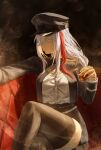  1girl 86_-eightysix- absurdres antenna_hair couch crossed_legs harstor hat high-waist_skirt highres jacket military military_hat military_jacket military_rank_insignia military_uniform on_couch peaked_cap single_hair_streak skirt solo vladilena_millize white_hair 