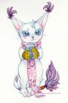  2020 beverage big_claws blue_eyes blue_nose claws crest_of_light cup digimon digimon_(species) digimon_crest eyelashes felid feline fur gatomon hot_chocolate mammal markings nekophoenix open_mouth scarf signature symbol tail_ring toe_claws whiskers white_body white_fur 