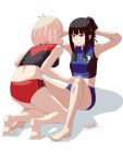  2girls absurdres bare_arms barefoot black_hair blonde_hair blue_shirt blue_shorts closed_eyes commentary_request crop_top da_training_wear_(lycoris_recoil) exercising hand_on_another's_knee highres inoue_takina kakato_(heel) long_hair lycoris_recoil multiple_girls nishikigi_chisato puckered_lips red_shirt red_shorts shadow shirt short_hair shorts simple_background sit-up track_uniform white_background yuri 