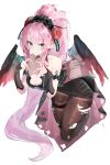  1girl absurdres arm_strap black_dress black_pantyhose black_survival black_wings blue_eyes breasts charlotte_(black_survival) cleavage commentary_request double-parted_bangs dress eternal_return:_black_survival feathered_wings flower four-finger_heart_hands gradient_wings grin hair_flower hair_ornament heart heart_hands high_ponytail highres korean_commentary long_hair looking_at_viewer medium_breasts multicolored_wings pantyhose pink_dress pink_hair ponytail red_flower red_wings secondhand9280 simple_background smile solo torn_clothes torn_pantyhose very_long_hair white_background wings 