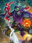  2boys aircraft artist_request bodysuit bomb cloak colored_skin evil_smile explosive fangs glider green_goblin green_skin highres holding holding_bomb hood marvel marvel_tokon:_fighting_souls mask midair multiple_boys no_pupils official_art purple_cloak silk smile spider-man spider-man_(series) spider_web wide_mouth yellow_eyes 