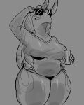 absurd_res anthro beverage bikini black_bikini black_clothing black_swimwear brick_(scolifag) clothing cqkey.art crop_top eyewear eyewear_on_head female generation_5_pokemon greyscale hi_res holding_beverage holding_object monochrome nintendo overweight overweight_female piercing pokemon pokemon_(species) scolipede shaded shirt simple_background simple_shading solo sunglasses sunglasses_on_head swimwear topwear two-piece_swimsuit wearing_sunglasses