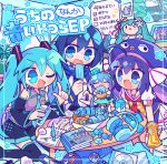  1boy 3girls :d ;d ahoge aoki_lapis arm_warmers bare_shoulders black_boots black_skirt black_sleeves blue_eyes blue_hair blue_hat blue_necktie blue_scarf blue_theme blue_vest blush_stickers boots candy cd cd_case character_doll checkerboard_cookie closed_eyes collared_shirt commentary_request cookie cup detached_sleeves doll donut double-parted_bangs double_horizontal_stripe drink_carton drinking_glass drinking_straw fang food frilled_shirt_collar frilled_skirt frills fuwapuchi green_hairband grey_shirt guitar hair_between_eyes hairband hat hatsune_miku headphones highres holding holding_cup holding_donut holding_food holding_popsicle indoors inset_border instrument juice_box kaito_(vocaloid) l_hand long_hair long_sleeves macaron microphone mini_person minigirl miniskirt mint_chocolate multiple_girls necktie notebook one_eye_closed open_mouth otamatone otomachi_una pen plant pleated_skirt popsicle poster_(object) potted_plant ramune red_necktie richard_(richaball) round_table sailor_collar scarf shirt short_hair short_sleeves sitting skirt sleeveless sleeveless_shirt smile spring_onion star_(symbol) sweatdrop table thigh_boots thighhighs translation_request twintails unworn_headphones v-shaped_eyebrows vest vocaloid wafer_stick white_sailor_collar white_skirt white_thighhighs wide_sleeves wrapped_candy zettai_ryouiki 