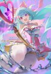 1girl absurdres bare_shoulders blue_hair blurry breasts cleavage commentary depth_of_field detached_sleeves dress frilled_dress frills gloves hair_ornament hair_ribbon heart_wand highres holding holding_staff hydrokinesis large_breasts long_hair long_sleeves m.q_(mqkyrie) mage_staff magical_girl open_mouth pantyhose pink_dress pink_ribbon purple_background purple_eyes ribbon shimiao_(stella_sora) simple_background solo staff star_(symbol) star_hair_ornament stella_sora swinging_object very_long_hair water white_gloves white_pantyhose 