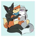 ambiguous_gender anthro border buizel caol_(caoleroni) cuddling eclairscollection eevee felid feline generation_1_pokemon generation_4_pokemon group group_hug horn hug hugging_another jewelry mammal multi_tail necklace nintendo nuzzling pokemon pokemon_(species) scarf tail trio white_border