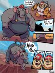 anthro belly bowser bracelet clothing collar comic domestic_cat duo elephant elephant_mario elephantid english_text felid feline felis fur grey_body hat headgear headwear hi_res jewelry koopa male mammal mario mario_bros meowser musclegut muscular muscular_anthro muscular_male muscular_thighs nintendo nipples overalls proboscidean proboscis_(anatomy) running scalie shell spiked_bracelet spiked_collar spiked_shell spikes spikes_(anatomy) text triped trunk_(anatomy) uniparasite yellow_body yellow_fur