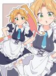  1girl absurdres aqua_necktie blonde_hair blush blush_stickers breasts closed_mouth commentary different_zoom_layer earrings garter_straps green_eyes heart heart_earrings highres jewelry looking_at_viewer maid maid_headdress medium_breasts multiple_views necktie noyama_takenoko open_mouth outline ponytail ruri_no_houseki smile tanigawa_ruri thighhighs white_outline white_thighhighs wrist_cuffs zoom_layer 