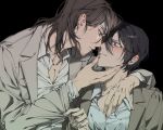  1boy 1girl arm_around_neck bandaged_head bandages black_background black_hair blush breasts brown_hair cleavage collared_shirt commentary_request eren_yeager furrowed_brow grey_jacket hair_between_eyes hand_on_another's_chest hand_on_another's_chin hetero highres imminent_kiss jacket korean_commentary medium_breasts medium_hair mikasa_ackerman parted_lips shallwe_pudding shingeki_no_kyojin shirt short_hair sweatdrop white_shirt 