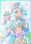  1girl :d absurdres amai_melo blue_bow blue_bowtie blue_capelet blue_hair blue_hat blue_nails boater_hat bow bowtie breasts bridal_gauntlets brooch butterfly_hat_ornament capelet commentary cure_eclair drop_shadow frilled_tube_top frills gradient_hair green_hair hand_up hat hat_ornament heart heart_brooch highres howa_kurea jewelry long_hair looking_at_viewer magical_girl meitantei_precure! midriff multicolored_hair nail_polish navel open_mouth overskirt precure purple_bridal_gauntlets purple_skirt red_eyes shushu-tan skirt small_breasts smile solo strapless tube_top two-tone_hair very_long_hair white_tube_top 
