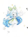  1girl absurdres animal bare_shoulders beike_hailuoni blue_eyes blue_hair blush blush_stickers bow chibi closed_mouth colored_pencil_(medium) commentary_request dress elbow_gloves flower full_body gloves green_bow green_ribbon hair_flower hair_ornament hair_ribbon highres holding holding_stuffed_toy lily_of_the_valley long_hair marker_(medium) outstretched_arms pantyhose rabbit ribbon roco_kingdom roco_kingdom:_world short_eyebrows signature simple_background sleeveless sleeveless_dress smile solo sparkle strapless strapless_dress stuffed_toy toy traditional_media two_side_up very_long_hair white_background white_dress white_flower white_gloves white_pantyhose xueying_wawa_(lily_of_the_valley)_(roco_kingdom:_world) xueying_wawa_(roco_kingdom:_world) 