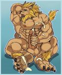  anthro arody balls big_muscles bodily_fluids cum digimon digimon_(species) ear_piercing ear_ring feet genital_fluids genitals hi_res huge_muscles humanoid_genitalia humanoid_penis leomon licking male muscular nipples nude penis piercing scar simple_background solo tongue tongue_out 