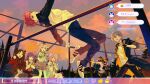  2boys 4girls aqua_hair black_coat black_hair black_pants breasts bukurote caelus_(honkai:_star_rail) camera clapping coat commentary_request cyrene_(demiurge)_(honkai:_star_rail) cyrene_(honkai:_star_rail) emiya_shirou fate/stay_night fate/unlimited_blade_works fate_(series) firefly_(honkai:_star_rail) firefly_(spring_missive)_(honkai:_star_rail) flower furbo_(honkai:_star_rail) grey_hair grey_skirt guest_art hair_flower hair_ornament high_jump highres holding holding_camera honkai:_star_rail honkai_(series) jacket jewelry jumping livestream long_hair matou_sakura medium_breasts multicolored_hair multiple_boys multiple_girls necklace pants pink_hair purple_eyes purple_hair red_eyes red_hair red_jacket red_shirt rin's_pendant_(fate) school_uniform shirt short_hair siblings sisters skirt sky tohsaka_rin tohsaka_rin_(honkai:_star_rail) trailblazer_(honkai:_star_rail) twintails two-tone_hair two-tone_shirt very_long_hair white_shirt yellow_eyes 
