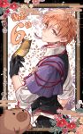  1boy absurdres black_gloves border character_request closed_mouth commentary_request countdown earrings egasumi flower gloves highres jewelry kyoto_xanadu looking_at_viewer male_focus orange_eyes orange_hair ornate_border outside_border pikkard_(ys) red_flower short_hair solo tassel tassel_earrings white_background willfin yin_yang yin_yang_earrings 