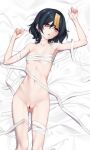  1girl :o absurdres armpits ass_visible_through_thighs bag bandages bar_censor black_hair breasts censored cleft_of_venus collarbone empty_eyes fang feet_out_of_frame highres looking_at_viewer love_live! love_live!_nijigasaki_high_school_idol_club lying mifune_shioriko naked_bandage nasuno_(nasuno42) navel ofuda ofuda_on_head on_back pussy red_eyes ribs short_hair skinny small_breasts solo stitched_arm stitched_leg stitched_neck stitches stomach 