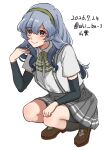  arm_warmers bike_shorts bow bowtie braid commentary_request dated green_bow green_bowtie green_hairband grey_eyes grey_hair grey_skirt hairband highres kantai_collection long_hair one-hour_drawing_challenge pleated_skirt school_uniform shi_ba_1 shirt shorts shorts_under_skirt single_braid skirt smile squatting suspender_skirt suspenders twintails twitter_username wavy_hair white_background yamagumo_(kancolle) 