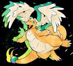  aqua_eyes artist_name bead_tail_ornament black_background claws colored_skin commentary_request dragon dragonite feathered_wings full_body head_wings highres horns lower_teeth_only mega_dragonite no_humans open_mouth orange_skin pokemon pokemon_(creature) pokemon_focus rukashio single_horn teeth twitter_username white_wings wings 