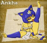 2025 3_toes 5_fingers abstract_background acting_like_a_cat animal_crossing ankha_(animal_crossing) anthro big_breasts blue_hair bob_cut bottomwear breasts butt character_name chest_wraps claws cleavage clothed clothing digital_drawing_(artwork) digital_media_(artwork) domestic_cat eyeliner feet felid feline felis female fingers flexible full-length_portrait fur hair hi_res hieroglyphic_text leg_lick licking licking_own_leg lidded_eyes loincloth makeup mammal markings nintendo onomatopoeia personal_grooming portrait raised_leg self_lick short_hair signature soles solo sound_effects striped_markings striped_tail stripes tail tail_markings text thesodaaddict thick_thighs toes tongue under_boob uraeus wraps yellow_body yellow_fur