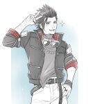  1boy belt black_belt black_hair black_jacket blue_background blue_eyes border cowboy_shot crylin6 final_fantasy final_fantasy_vii final_fantasy_vii:_ever_crisis goggles goggles_around_neck grey_shirt hair_slicked_back hand_on_own_hip jacket light_blush male_focus open_mouth pants shirt short_hair sideburns sleeves_rolled_up smile solo studded_belt studs v white_border white_pants zack_fair zack_fair_(off-road_jacket) 