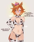  1girl absurdres animal_ears animal_print arms_behind_back bikini blush breasts commentary cow_print cow_print_bikini cow_print_bowtie cow_print_gloves cow_print_thighhighs cowboy_shot crown earrings elbow_gloves english_commentary english_text gloves grin highres horse_ears horse_girl horse_tail jewelry looking_at_viewer lunyaru navel orange_eyes pink_crown print_bikini print_gloves print_thighhighs purple_eyes small_breasts smile solo swimsuit t.m._opera_o_(umamusume) tail thighhighs umamusume 