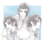  1boy armor black_hair blue_background blue_eyes blush border closed_mouth crisis_core:_final_fantasy_vii crylin6 final_fantasy final_fantasy_vii gloves male_focus monochrome multiple_views open_mouth own_hands_together parted_bangs pauldrons ribbed_shirt shirt short_hair shoulder_armor sleeveless sleeveless_turtleneck solo spiked_hair suspenders turtleneck upper_body white_border zack_fair 
