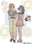  2026 2girls arms_behind_back bare_shoulders belt blonde_hair blue_eyes blue_shirt border braid braided_ponytail breasts brown_belt celes_chere commentary_request creature crop_top dress final_fantasy final_fantasy_vi flower food footwear_flower fruit full_body green_hair grid_background hair_ribbon hand_on_own_neck hat highres holding holding_food holding_fruit ika_okura_66 medium_breasts midriff moogle multiple_girls off-shoulder_shirt off_shoulder pants parted_bangs pink_dress purple_eyes ribbon sandals shirt short_dress single_braid sleeveless sleeveless_dress standing straw_hat summer sunflower terra_branford twitter_username watermelon white_border white_pants 