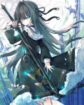  1girl arcaea artist_name bib_collar black_dress black_hair black_ribbon blue_eyes bow closed_mouth commentary cowboy_shot dress dress_bow english_commentary frilled_dress frilled_skirt frills gears gothic_lolita hair_ornament hair_ribbon highres holding holding_sword holding_weapon ice_blue_rose lolita_fashion long_hair long_sleeves looking_at_viewer looking_back neck_ribbon planted planted_sword ribbon ring_hair_ornament signature skirt solo sword tairitsu_(arcaea) tairitsu_(axium)_(arcaea) weapon 