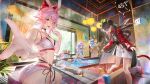  3girls absurdres animal_ears bikini black_hair blue_hair breasts commentary_request evanescia_(honkai:_star_rail) fate/stay_night fate/unlimited_blade_works fate_(series) fox_ears hair_between_eyes halo highres honkai:_star_rail honkai_(series) indoors jacket large_breasts long_hair long_sleeves looking_at_viewer multiple_girls nanaken_nana offering_hand official_alternate_costume open_mouth pink_hair red_jacket rin's_pendant_(fate) robin_(honkai:_star_rail) robin_(summeretto)_(honkai:_star_rail) short_hair skirt smile swimsuit tohsaka_rin tohsaka_rin_(honkai:_star_rail) very_long_hair white_bikini white_skirt 
