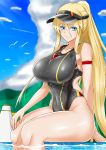  1girl absurdres alo4610 azur_lane bismarck_(azur_lane) black_swimsuit blonde_hair blue_eyes blue_sky breasts cloud commentary_request competition_swimsuit covered_navel cowboy_shot day highres large_breasts long_hair megaphone one-piece_swimsuit outdoors ponytail sitting sky smile solo swimsuit visor_cap whistle whistle_around_neck 