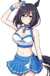  1girl alternate_costume animal_ears arm_up bare_shoulders black_hair blue_eyes blue_skirt blush bob_cut breasts cleavage closed_mouth crop_top dixie_cup_hat ears_through_headwear eishin_flash_(umamusume) hair_between_eyes hat highres horse_ears horse_girl horse_tail large_breasts looking_at_viewer midriff military_hat pacific_racing_team race_queen short_hair simple_background skirt smile solo sports_bra swept_bangs tail umamusume white_background white_sports_bra wristband yukiya_(shiya) 