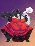 abstract_background absurd_res anthro ball_bra balls belly big_balls big_belly black_body bow_ribbon breasts canid canine canis chain choker claws cleavage clothed clothing domestic_dog dress english_text fishnet_clothing fishnet_legwear fluffy fluffy_tail front_view fur genitals gynomorph hair hi_res huge_balls husky hyper hyper_balls hyper_genitalia intersex jewelry legwear lingerie long_hair looking_at_self male_(lore) mammal moobs necklace nordic_sled_dog obese overweight pawpads pink_pawpads ponytail red_clothing red_dress solo spitz standing sv3n sven_(sv3n) tail text thick_thighs thought_bubble white_body white_fur yellow_claws yellow_eyes