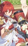  1girl absurdres asymmetrical_gloves breasts cape closed_mouth commentary cup dress earrings elbow_gloves epaulettes gloves hair_between_eyes hair_ornament highres himeko_(honkai:_star_rail) himeko_(nova)_(honkai:_star_rail) holding holding_cup holding_saucer honkai:_star_rail honkai_(series) humugo indoors jewelry large_breasts long_hair looking_at_viewer mismatched_gloves pom-pom_(honkai:_star_rail) red_cape red_gloves red_hair saucer sitting smile solo star_(symbol) star_earrings star_hair_ornament tea teacup uneven_gloves white_dress white_gloves yellow_eyes 