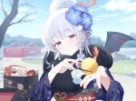  1girl arch_bridge bare_tree bento blue_archive blue_flower blue_ribbon blue_sky blurry blurry_background blush braid bridge chopsticks cloud day demon_wings depth_of_field floral_print flower food fur_collar fur_trim game_asset grass grey_hair grin hair_between_eyes hair_bun hair_flower hair_ornament hair_ribbon half-closed_eyes halo haruna_(blue_archive) haruna_(new_year)_(blue_archive) heart_ornament highres holding holding_chopsticks japanese_clothes kanzashi kimono kokosando long_hair long_sleeves looking_at_viewer new_year non-web_source obi official_art osechi outdoors purple_kimono red_eyes red_halo ribbon rock sash self-datamine shrimp shrimp_tempura single_braided_sidelock single_hair_bun single_wing sky smile solo teeth tempura tree upper_body water wide_sleeves wings 
