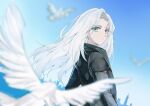  1girl bird black_coat blue_sky blurry blurry_foreground building city cityscape clear_sky closed_mouth coat commentary_request curtained_hair cytus cytus_ii day depth_of_field dove exp_mirage expressionless floating_hair from_behind green_eyes highres ilka_(cytus) long_hair long_sleeves looking_at_viewer looking_back outdoors sky skyline solo upper_body white_bird white_hair 