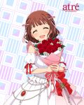  1girl :d ^_^ amami_haruka atre_akihabara blush bouquet brown_hair card_commentary closed_eyes commentary_request cowboy_shot detached_sleeves dress earrings facing_viewer flower game_asset hair_ribbon holding holding_bouquet idolmaster idolmaster_(classic) idolmaster_million_live! idolmaster_million_live!_theater_days jewelry official_alternate_hairstyle official_art open_mouth pink_ribbon puffy_detached_sleeves puffy_sleeves red_flower red_rose ribbon rose short_hair smile solo standing third-party_source white_dress 
