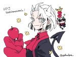  1girl ahoge apple banana black_necktie closed_mouth demon_girl demon_horns demon_tail food fruit grey_eyes helltaker holding holding_food holding_fruit horns justice_(helltaker) necktie noah_(tettsui-sole) oven_mitts red_shirt shirt short_hair smile sunglasses tail twitter_username white_hair white_horns 