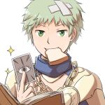  1boy alternate_costume bangs book card chain commentary_request crossed_bandaids food food_in_mouth green_eyes green_hair holding holding_book holding_card jewelry looking_at_viewer male_focus mechanic_(ragnarok_online) mouth_hold natsuya_(kuttuki) necklace open_mouth ragnarok_online short_hair shrug_(clothing) simple_background smile solo sparkle toast toast_in_mouth upper_body white_background yellow_armor 