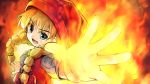  1girl blonde_hair blue_eyes braid dragon_quest dragon_quest_xi dress endou_hiroto fire hat highres long_hair low_twintails magic open_mouth outstretched_hand red_dress red_headwear smile solo twin_braids twintails upper_body veronica_(dq11) 