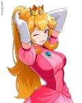  1girl :d ;d artist_name blonde_hair blue_eyes breasts brooch commentary covered_navel crown earrings elbow_gloves english_commentary felipe_uribe gloves grin highres jewelry large_breasts long_hair mario_(series) mini_crown one_eye_closed ponytail princess princess_peach puffy_sleeves smile solo sphere_earrings tying_hair white_gloves 