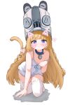  1girl :3 absurdres blonde_hair blunt_bangs blush braid cat_girl cat_tail collar drawn_ears drawn_whiskers flat_chest grey_hat hat highres kneehighs large_hat long_hair looking_at_viewer negligee noiriririri norma_hollowell paw_pose purple_eyes shako_cap simple_background sleepwear socks solo tail thighhighs white_background white_negligee white_socks white_thighhighs zenless_zone_zero 