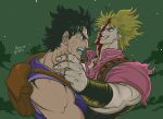  2boys adoptive_siblings backpack bag black_hair blonde_hair blood blue_eyes blue_shirt brown_bag collared_shirt commentary commentary_request dio_brando highres jojo_no_kimyou_na_bouken jonathan_joestar male_focus muda_rengou_to_ziggy_stardust multiple_boys phantom_blood pink_nails pink_shirt red_eyes shirt short_hair short_sleeves siblings sleeveless sleeveless_shirt 