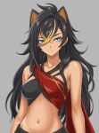  1girl absurdres antenna_hair bare_shoulders black_hair blonde_hair blue_eyes breasts closed_mouth colored_bangs commentary criss-cross_halter crossed_bangs dehya_(genshin_impact) english_commentary genshin_impact grey_background hair_between_eyes hair_ears halterneck highres jean_main long_hair looking_at_viewer medium_breasts navel simple_background solo upper_body very_long_hair 